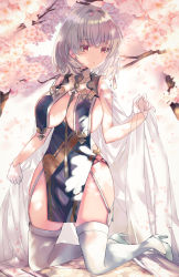 Rule 34 | 1girl, azur lane, bad id, bad pixiv id, blush, braid, branch, breast curtains, breasts, cherry blossoms, china dress, chinese clothes, cleavage, dress, garter straps, gloves, grey dress, grey hair, hair between eyes, half gloves, high heels, highres, kneeling, large breasts, legs, neckwear between breasts, open mouth, pelvic curtain, red eyes, revealing clothes, shibaebi (yasaip game), short hair, side braid, side slit, sideboob, sirius (azur lane), sirius (azure horizons) (azur lane), solo, thighhighs, thighs, white footwear, white gloves, white thighhighs
