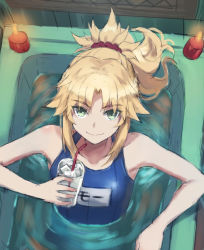 Rule 34 | 1girl, bare shoulders, bathtub, blonde hair, blue one-piece swimsuit, braid, breasts, collarbone, fate/apocrypha, fate (series), french braid, green eyes, highres, long hair, looking at viewer, mordred (fate), mordred (fate/apocrypha), name tag, one-piece swimsuit, parted bangs, ponytail, revision, school swimsuit, sidelocks, small breasts, smile, solo, swimsuit, tonee