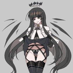 Rule 34 | 1girl, arknights, black gloves, black hair, black panties, black thighhighs, clothes lift, garter belt, garter straps, gloves, grey background, halo, highres, hime cut, lifting own clothes, long hair, mole, mole under eye, panties, simple background, skirt, skirt lift, smile, solo, stine r, thighhighs, underwear, variant set, virtuosa (arknights), wings
