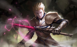 Rule 34 | 1boy, blonde hair, cangkong, ea (fate/stay night), earrings, fate/grand order, fate/stay night, fate (series), gauntlets, gilgamesh (fate), hair slicked back, highres, holding, holding sword, holding weapon, jewelry, looking at viewer, male focus, red eyes, short hair, solo, sword, weapon