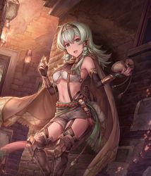 Rule 34 | 1girl, absurdres, armored boots, bad id, bad pixiv id, boots, bra, breasts, cloak, elbow gloves, gloves, green hair, grey shorts, hair tubes, headband, highres, leather belt, long hair, open mouth, original, shichigatsu, shorts, sidelocks, suspenders, thighhighs, underboob, underwear, wrist guards