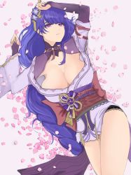 Rule 34 | 1girl, absurdres, bad leg, braid, breasts, bridal gauntlets, cleavage, commentary, english commentary, flower, genshin impact, hair ornament, highres, japanese clothes, kimono, large breasts, long hair, long sleeves, open mouth, petals, purple eyes, purple flower, purple hair, raiden shogun, ribbon, ritou08, sash, simple background, solo, wide sleeves