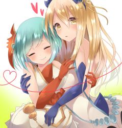 Rule 34 | 2girls, aqua hair, blonde hair, blue gloves, closed eyes, dragon girl, dress, elbow gloves, gloves, gradient background, heart, highres, horns, hug, looking at viewer, multiple girls, parted lips, puzzle &amp; dragons, red gloves, rushin, ryuune, saria (p&amp;d), short hair, smile, twitter username, yellow eyes