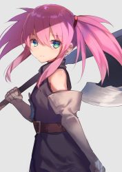 Rule 34 | 1girl, axe, belt, blue eyes, boots, closed mouth, elbow gloves, gloves, highres, holding, holding axe, hopepe, long hair, looking at viewer, pink hair, presea combatir, simple background, solo, tales of (series), tales of symphonia, twintails, weapon
