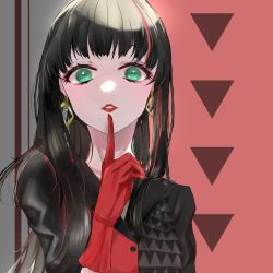 Rule 34 | 1girl, artist name, artist request, azalea (love live!), black dress, black hair, blunt bangs, breasts, buttons, collarbone, dress, earrings, female focus, finger to mouth, green eyes, grey background, hair over shoulder, highres, himitsu no story (love live!), jewelry, kurosawa dia, long hair, long sleeves, looking at viewer, love live!, love live! school idol festival, love live! sunshine!!, mole, mole under mouth, multicolored hair, red background, red dress, red lips, shorts under dress, small breasts, solo, teeth, the secret story (love live!), triangle print, two-tone background, two-tone dress, upper body, we&#039;ll get the next dream (love live!)