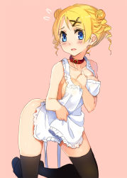Rule 34 | 1girl, apron, arched back, bare shoulders, between breasts, black thighhighs, blonde hair, blue eyes, blush, breasts, collar, collarbone, double bun, flying sweatdrops, hair bun, hair ornament, hairclip, hand on own chest, kneeling, naked apron, parsley-f, parted lips, short twintails, simple background, solo, tears, thighhighs, twintails