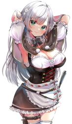 Rule 34 | 1girl, armpits, arms behind head, arms up, breasts, cleavage, closed mouth, cowboy shot, detached sleeves, flower, german clothes, green eyes, hair flower, hair ornament, hololive, large breasts, long hair, looking at viewer, shirogane noel, shirogane noel (dirndl), silver hair, simple background, solo, thighhighs, virtual youtuber, white background, white thighhighs, yuanagae, zettai ryouiki