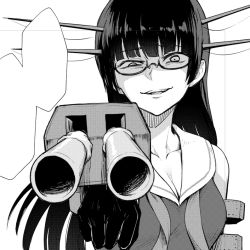 Rule 34 | 1girl, aiming, aiming at viewer, breasts, cannon, choukai (kancolle), cleavage, ebiblue, gesugao, glasses, greyscale, hair ornament, kantai collection, long hair, looking at viewer, monochrome, solo, speech bubble, weapon