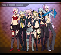Rule 34 | 3boys, 3girls, alternate costume, asymmetrical clothes, asymmetrical legwear, belt, black footwear, boots, brother and sister, chain, choker, cigarette, cross-laced footwear, detached sleeves, everyone, eyebrow piercing, family, fingerless gloves, gloves, hagane miku, hagane vocaloid, hatsune miku, high heel boots, high heels, isamine kaito, kagamine len, kagamine rin, kagura gakupo, kaito (vocaloid), kamui gakupo, lace-up boots, layered legwear, leg warmers, letterboxed, lineup, long hair, magane len, magane rin, meiko (vocaloid), midriff, mismatched legwear, momopanda, multicolored hair, multiple boys, multiple girls, navel, navel piercing, necktie, patterned legwear, piercing, red footwear, sakerune meiko, scarf, shoes, short hair, siblings, single thighhigh, smoking, streaked hair, striped clothes, striped legwear, striped thighhighs, suspenders, tattoo, thigh strap, thighhighs, torn clothes, twins, twintails, two-tone hair, vocaloid, white footwear