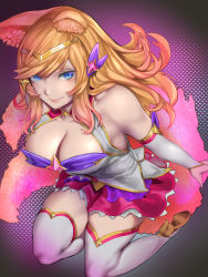 Rule 34 | 1girl, absurdres, ahri (league of legends), alternate costume, alternate eye color, alternate hair color, animal ears, bare shoulders, blonde hair, blue eyes, boots, breasts, choker, cleavage, detached sleeves, eyelashes, fingernails, fox ears, fox tail, hair ornament, hairband, high heel boots, high heels, highres, large breasts, league of legends, legs, long hair, long legs, looking at viewer, magical girl, multiple tails, skirt, smile, solo, star guardian (league of legends), star guardian ahri, tail, thigh boots, thighhighs, thighs, white thighhighs