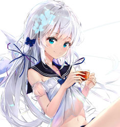 Rule 34 | 1girl, absurdres, aqua eyes, bare shoulders, black sailor collar, blue bow, blue ribbon, blush, bow, bowtie, closed mouth, cup, hair bow, hair ornament, hair ribbon, halterneck, highres, holding, holding cup, long hair, looking at viewer, na kyo, navel, original, ribbon, sailor collar, see-through, see-through shirt, shirt, short sleeves, silver hair, smile, solo, teacup, very long hair, white background, white shirt