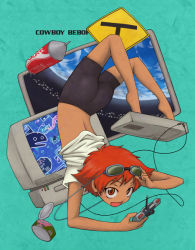 Rule 34 | 1990s (style), 1girl, androgynous, ass, back, barefoot, bike shorts, blush stickers, can, coca-cola, computer, cowboy bebop, crt, dark-skinned female, dark skin, drink, ed is awesome, edward wong hau pepelu tivrusky iv, goggles, computer keyboard, orange eyes, playing games, red hair, retro artstyle, reverse trap, road sign, short hair, sign, smile, solo, television, tomboy, top-down bottom-up, typing, video game, yajirushi (chanoma)