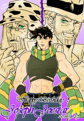 Rule 34 | 3boys, abs, beard, brown hair, character name, crop top, dated, facial hair, fingerless gloves, glasses, gloves, green eyes, grin, hand on own hip, happy birthday, hermit purple, jojo no kimyou na bouken, joseph joestar, joseph joestar (old), joseph joestar (young), kozakura (i s 15), male focus, midriff, multiple boys, multiple persona, muscular, navel, scarf, signature, smile, stand (jojo), star (symbol), striped clothes, striped scarf, twitter username