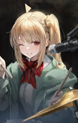 Rule 34 | 1girl, ;), ahoge, black background, blonde hair, bocchi the rock!, bow, bowtie, collared shirt, detached ahoge, drum, drum set, drumsticks, green jacket, hair ornament, hair scrunchie, highres, holding, holding drumsticks, ijichi nijika, instrument, jacket, leviathan (hikinito0902), long hair, microphone, music, one eye closed, parted lips, playing instrument, red bow, red bowtie, red eyes, school uniform, scrunchie, shirt, side ponytail, smile, solo, upper body, white shirt, yellow scrunchie