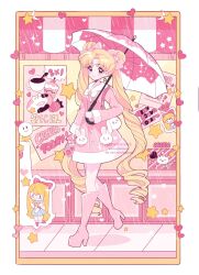 Rule 34 | 1girl, ad, artist name, awning, bag, bishoujo senshi sailor moon, blonde hair, blue eyes, blush, boots, border, bow, buttons, character request, chibi, closed mouth, coat, commentary, crescent, double bun, drill hair, earrings, english commentary, eyelashes, full body, hair bow, hair bun, hand up, heart, high heel boots, high heels, highres, holding, holding bag, holding umbrella, jewelry, long hair, long sleeves, looking at viewer, meowwniz, parted bangs, pink bow, pink coat, pink footwear, pink umbrella, poster (object), rain, raincoat, rubber boots, sidewalk, smile, smiley face, solo, sparkle, star (symbol), star earrings, storefront, tsukino usagi, twintails, twitter username, umbrella, very long hair, walking, white border, window