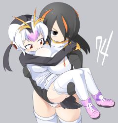 Rule 34 | 2girls, bird tail, black hair, black jacket, breast envy, breasts, carrying, closed mouth, commentary request, cowboy shot, emperor penguin (kemono friends), frown, full body, grey background, hair between eyes, hair over one eye, headphones, highres, jacket, kemono friends, large breasts, lets0020, long bangs, looking afar, looking to the side, medium bangs, multicolored hair, multiple girls, numbered, one-piece swimsuit, orange hair, pink footwear, pink hair, princess carry, red eyes, royal penguin (kemono friends), shoes, short hair, simple background, smile, sneakers, streaked hair, swimsuit, tail, thighhighs, v-shaped eyebrows, white hair, white one-piece swimsuit, white thighhighs
