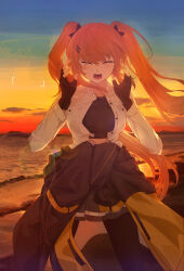 Rule 34 | 1girl, :d, ^ ^, beach, black gloves, black pantyhose, blush, breasts, brown hair, closed eyes, clothes around waist, commentary request, facing viewer, fingerless gloves, girls&#039; frontline, gloves, hair ornament, hairclip, highres, jacket, jacket around waist, long hair, medium breasts, mush, ocean, open mouth, outdoors, pantyhose, pleated skirt, skirt, smile, solo, sunset, tongue, twintails, ump9 (girls&#039; frontline)