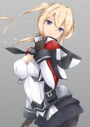 Rule 34 | 1girl, arm at side, black gloves, black pantyhose, blonde hair, blush, breasts, capelet, cleavage, closed mouth, cross, floating hair, gloves, graf zeppelin (kancolle), grey background, hair between eyes, hand up, head tilt, highres, hoshimiya mashiro, impossible clothes, jacket, kantai collection, large breasts, long hair, looking at viewer, military, military uniform, miniskirt, multiple girls, necktie, pantyhose, pleated skirt, purple eyes, sidelocks, simple background, skirt, smile, solo, tsurime, twintails, uniform, wind, wind lift