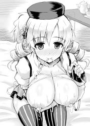 Rule 34 | 10s, 1girl, bed, beret, blush, boots, breast hold, breasts, cup, drill hair, fingerless gloves, gloves, greyscale, hat, huge breasts, ishioto, lactation, long hair, looking at viewer, mahou shoujo madoka magica, mahou shoujo madoka magica (anime), monochrome, mouth hold, nipples, on bed, sitting, skirt, smile, solo, striped clothes, striped thighhighs, table, teacup, teapot, thigh boots, thighhighs, tomoe mami, twin drills, twintails, vertical stripes