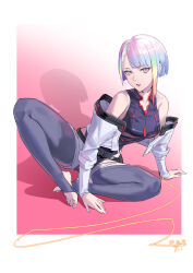 Rule 34 | 1girl, absurdres, arm support, bare shoulders, belt, bigroll, black belt, blue thighhighs, breasts, commentary, cyberpunk (series), cyberpunk edgerunners, english commentary, eyelashes, eyeliner, feet, full body, gradient background, highres, jacket, knee up, leaning to the side, legs, leotard, light purple hair, looking at viewer, lucy (cyberpunk), medium breasts, multicolored hair, no shoes, off shoulder, on ground, open clothes, open jacket, open mouth, parted bangs, pink background, purple eyes, purple leotard, red eyeliner, shadow, short hair, signature, sitting, sleeveless, solo, stirrup legwear, thighhighs, toeless legwear, toenails, toes, white background