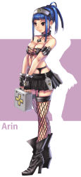 Rule 34 | 1girl, arin, arm strap, bandeau, bare shoulders, black footwear, black gloves, black skirt, blue hair, boots, breasts, brown eyes, character name, choker, cleavage, closed mouth, collarbone, cross, fingerless gloves, first aid kit, fishnet thighhighs, fishnets, full body, garter belt, garter straps, gloves, hair up, hat, high heel boots, high heels, highres, kamdia, large breasts, leather, leather boots, nurse, nurse cap, pangya, pleated skirt, silhouette, skindentation, skirt, smile, solo, standing, syringe, thighhighs, v arms