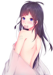 Rule 34 | 1girl, antenna hair, bad id, bad pixiv id, bare back, bare shoulders, bed sheet, black hair, breasts, condom, condom in mouth, condom wrapper, earrings, ezekuro, from behind, highres, jewelry, long hair, looking back, mouth hold, naked sheet, original, see-through, sideboob, simple background, small breasts, solo, stud earrings, tattoo, tsurime, very long hair, white background