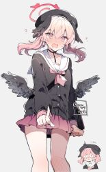 Rule 34 | 1girl, artist name, beret, black hat, black shirt, black wings, blue archive, blush, chibi, collarbone, commentary request, feathered wings, feet out of frame, from below, hair between eyes, halo, hat, head tilt, head wings, highres, ikeuchi tanuma, koharu (blue archive), long sleeves, looking at viewer, low twintails, low wings, mini wings, neckerchief, nose blush, open mouth, pink hair, pink neckerchief, pleated skirt, pointing, purple eyes, purple skirt, sailor collar, school uniform, serafuku, shirt, signature, simple background, sitting, skirt, sleeves past wrists, slit pupils, solo, surprised, sweat, sweatdrop, tearing up, tears, twintails, twitter username, wavy mouth, white background, white sailor collar, wings