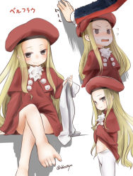Rule 34 | 1girl, @ @, akino shuu, barefoot, belfraw martini, beret, blonde hair, capelet, clothes lift, commentary request, crossed legs, dress, dress lift, flying sweatdrops, forehead, grey eyes, hat, holding, kabedon, lifting own clothes, long sleeves, multiple views, pantyhose, unworn pantyhose, red capelet, red dress, red headwear, shadow, sitting, summon night, summon night 3, translation request, twitter username, white background, white pantyhose