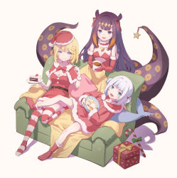 Rule 34 | 3girls, alternate costume, belt, blanket, blonde hair, blue eyes, breasts, cake, cake slice, candy, candy cane, cleavage, couch, cup, fins, fish tail, flat chest, food, fork, gawr gura, gift, hat, highres, hololive, hololive english, hot chocolate, kirahana0715, long hair, looking at viewer, lying, medium breasts, mug, multicolored hair, multiple girls, ninomae ina&#039;nis, ornament, plate, popcorn, purple hair, santa costume, santa hat, shark tail, short hair, sidelocks, simple background, sitting, smile, star (symbol), streaked hair, striped clothes, striped legwear, striped thighhighs, tail, tentacle hair, tentacles, thighhighs, two side up, very long hair, virtual youtuber, watson amelia, white background, white hair