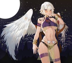 Rule 34 | 1girl, bikini, black bikini, breasts, collarbone, cuffs, earrings, full moon, handcuffs, highres, jewelry, kishin sagume, large breasts, looking at viewer, mismatched bikini, moon, nail polish, navel, night, night sky, outdoors, pelvic curtain, pointy ears, purple bikini, red eyes, see-through, short hair, single wing, sky, solo, star (sky), starry sky, stomach, swimsuit, tattoo, tomatolover16, touhou, underboob, white hair, white wings, wings, yellow nails