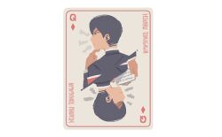 Rule 34 | 1boy, armband, black hair, card, card (medium), character name, clipboard, closed eyes, closed mouth, commentary, diamond (shape), english commentary, gakuran, hand on own chin, holding, holding clipboard, male focus, mob psycho 100, mp100days, playing card, school uniform, short hair, simple background, stroking own chin, tokugawa hikaru, white background