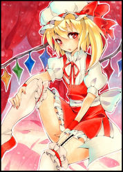 Rule 34 | 1girl, bad id, bad pixiv id, blonde hair, bow, flandre scarlet, garter straps, hat, hat bow, red eyes, shie (m417), side ponytail, solo, thighhighs, touhou, white thighhighs, wings