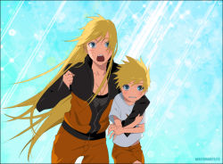 Rule 34 | 1boy, 1girl, age difference, arm around shoulder, black jacket, blonde hair, blue eyes, blush, breasts, cleavage, collarbone, facial mark, facing viewer, fishnet top, fishnets, genderswap, genderswap (mtf), hair down, hand up, height difference, ito (fishcake), jacket, large breasts, long hair, long sleeves, looking at viewer, multicolored clothes, multicolored jacket, naruko (naruto), naruto, naruto (series), naruto shippuuden, open mouth, orange jacket, orange pants, orange shorts, pants, parted lips, shirt, short hair, short sleeves, shorts, standing, t-shirt, teeth, tongue, uzumaki naruto, very long hair, whisker markings, whiskers, white shirt, zipper