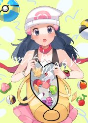 Rule 34 | 1girl, :o, ?, bad id, bad pixiv id, bag, beanie, berry (pokemon), black hair, black shirt, blush, bracelet, commentary request, creatures (company), dawn (pokemon), duffel bag, eyelashes, game freak, glint, grey eyes, hair ornament, hairclip, hat, holding, holding bag, jewelry, level ball, long hair, looking at viewer, love ball, max revive, nest ball, nintendo, open bag, open mouth, pink skirt, poke ball, poke ball (basic), poke ball print, pokemon, pokemon dppt, poketch, potion (pokemon), quick ball, red scarf, repeat ball, revive (pokemon), ririmon, scarf, shirt, skirt, sleeveless, sleeveless shirt, solo, tongue, ultra ball, watch, white hat, wristwatch, yellow bag