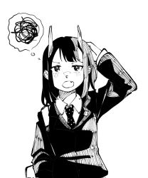 Rule 34 | 1girl, annoyed, aoki ruri, bag, blazer, blush, collared shirt, dragon girl, dragon horns, fang, greyscale, hand up, hatching (texture), highres, horns, jacket, lapels, long sleeves, looking at viewer, masruu, medium hair, monochrome, necktie, notched lapels, open mouth, parted bangs, ruri dragon, school bag, school uniform, shirt, simple background, solo, upper body, white background