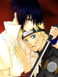 Rule 34 | 2boys, bare pectorals, blood, blood on face, blouse, facial mark, holding, holding sword, holding weapon, male focus, multiple boys, naruto, naruto (series), open clothes, open shirt, pectorals, red background, shirt, simple background, spiked hair, sword, u-r-i, uchiha sasuke, uzumaki naruto, weapon, whisker markings, white shirt, yaoi