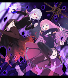 Rule 34 | 2girls, battle, black legwear, blue eyes, breasts, chain, character request, cross, dress, fireflysnow, grin, jumping, leaping, magic, marianne (unholy sanctuary), multiple girls, open mouth, priest (ragnarok online), ragnarok online, red eyes, silver hair, smile, thighhighs, unholy sanctuary
