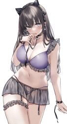 Rule 34 | 1girl, animal ears, black choker, black hair, blush, breasts, choker, cleavage, collarbone, commentary, earrings, fake animal ears, grey eyes, hair ornament, highres, jewelry, large breasts, long hair, looking at viewer, navel, open mouth, original, see-through, see-through skirt, simple background, skirt, solo, stomach, symbol-only commentary, thigh strap, thighs, white background, yukibuster z