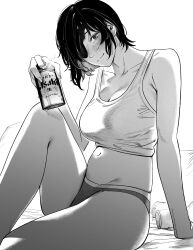 Rule 34 | 1girl, alcohol, ass, beer, beer can, black hair, blush, breasts, can, chainsaw man, cleavage, drink can, eyepatch, greyscale, highres, himeno (chainsaw man), large breasts, looking at viewer, monochrome, navel, panties, short hair, simple background, sitting, smile, solo, thighs, underwear, yode
