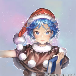 Rule 34 | 1girl, black capelet, black dress, blue background, blue eyes, blue hair, book, capelet, commentary request, doremy sweet, dress, hand up, hat, holding, holding book, looking at viewer, matsuda (matsukichi), nightcap, outstretched arm, pink lips, pom pom (clothes), red hat, short hair, smile, solo, sparkle, touhou, touhou cannonball, upper body