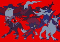 Rule 34 | absol, claws, closed mouth, creatures (company), darkrai, fang, fangs, game freak, gen 2 pokemon, gen 3 pokemon, gen 4 pokemon, highres, hisuian samurott, honchkrow, horns, houndoom, legendary pokemon, mythical pokemon, nintendo, no humans, pokemon, pokemon (creature), red background, red eyes, simple background, tail, v (govvvvw), weavile