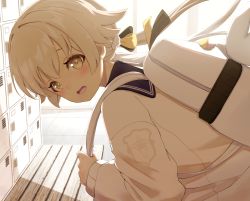 Rule 34 | 1girl, backpack, bag, bananafish1111, blue archive, blue sailor collar, cardigan, hair flaps, hifumi (blue archive), highres, indoors, light brown hair, locker, locker room, looking at viewer, low twintails, open mouth, sailor collar, school uniform, twintails, uniform, white bag, white cardigan, yellow eyes