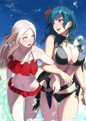 Rule 34 | 2girls, :d, bare arms, bare shoulders, bikini, black bikini, blue eyes, blue hair, blue sky, blush, breasts, byleth (female) (fire emblem), byleth (female) (summer) (fire emblem), byleth (fire emblem), cleavage, collarbone, dagger, day, edelgard von hresvelg, eye contact, fire emblem, fire emblem: three houses, fire emblem heroes, flower, forehead, frilled bikini, frills, groin, hair ribbon, hibiscus, highres, jewelry, knife, large breasts, leaning forward, locked arms, long hair, looking at another, mueririko, multiple girls, navel, necklace, nintendo, nose blush, official alternate costume, open mouth, outdoors, parted bangs, purple eyes, purple ribbon, red flower, ribbon, sheath, silver hair, sky, smile, stomach, swimsuit, thigh gap, thighs, wading, water, weapon, wristband, yuri
