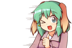 Rule 34 | &gt; o, 1girl, ;d, animal ears, blue eyes, blush, dog ears, green hair, kasodani kyouko, looking at viewer, motion lines, one eye closed, open mouth, short hair, simple background, smile, solo, sparkle, sparkling eyes, thumbs up, touhou, upper body, white background, wool (miwol)