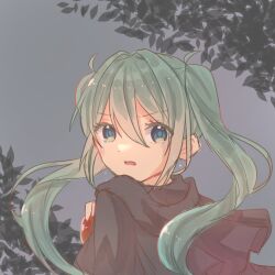 Rule 34 | 1girl, angry, apple, aqua eyes, aquamarinu, black cape, black coat, cape, cloak, coat, crying, crying with eyes open, eve moonlit, evillious nendaiki, foliage, food, frown, fruit, green hair, grey background, hatsune miku, highres, holding, holding food, holding fruit, hood, hooded cape, hooded cloak, leaf, long hair, looking at viewer, looking back, moonlit bear (vocaloid), open mouth, red apple, solo, streaming tears, tears, turning head, twintails, v-shaped eyebrows, vocaloid