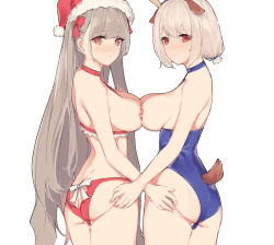 Rule 34 | 2girls, animal ears, antlers, ass, ass cutout, ass grab, azur lane, bikini, blue one-piece swimsuit, blunt bangs, blush, breast press, breasts, breasts out, butt crack, christmas, clothes pull, clothing cutout, cowboy shot, deer ears, deer tail, dimples of venus, earrings, fake animal ears, formidable (azur lane), grey hair, halterneck, hat, heart cutout, horns, jewelry, large breasts, long hair, looking at viewer, multiple girls, nipples, one-piece swimsuit, one-piece swimsuit pull, prpr friends, red bikini, red eyes, red ribbon, reindeer antlers, ribbon, santa hat, sirius (azur lane), swimsuit, symmetrical docking, symmetry, tail, twintails, very long hair, white background