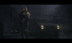 Rule 34 | 1girl, armband, black jacket, black pantyhose, brown eyes, brown hair, building, car, commentary, fingerless gloves, girls&#039; frontline, gloves, gun, h&amp;k ump, highres, holding, holding gun, holding weapon, jacket, letterboxed, long hair, motor vehicle, night, one side up, open clothes, open jacket, outdoors, pantyhose, pickup truck, scar, scar across eye, scar on face, scenery, solo, submachine gun, truck, ump45 (girls&#039; frontline), weapon, xumi