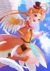 Rule 34 | 1boy, artist name, black hat, blue sky, boots, brooch, coattails, commentary, cropped jacket, cure wing, day, earrings, feathers, flying, frilled shorts, frills, gloves, hat, highres, hirogaru sky! precure, jacket, jewelry, knee boots, leg up, long hair, looking at viewer, magical boy, male focus, mini hat, mini top hat, mymo0527, orange footwear, orange gloves, orange hair, orange jacket, orange shorts, orange vest, outdoors, ponytail, precure, puffy short sleeves, puffy sleeves, reaching, reaching towards viewer, red eyes, short shorts, short sleeves, shorts, signature, sky, smile, standing, top hat, vest, wing brooch, yuunagi tsubasa