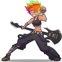 Rule 34 | 1girl, abs, agony (omnizoa), asymmetric clothing, asymmetric gloves, boots, fingerless gloves, freckles, gloves, grey eyes, grin, guitar, highres, instrument, looking at viewer, midriff, multicolored hair, rainbow hair, short hair, smile, spiked hair, striped clothes, striped gloves, striped legwear, suspenders hanging, symbol-shaped pupils, the pink pirate, toned