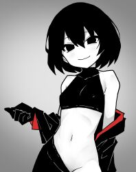 Rule 34 | 1girl, akableak, bare shoulders, black eyes, black gloves, black jacket, black pants, black shirt, bob cut, breasts, closed mouth, clothes pull, commentary, contrapposto, covered erect nipples, cowboy shot, cropped shirt, empty eyes, english commentary, gakuran, gloves, gradient background, grey background, groin, hair between eyes, head tilt, highres, jacket, light smile, long sleeves, looking at viewer, midriff, monogatari (series), naoetsu high school uniform, navel, no panties, off shoulder, open clothes, open jacket, opened by self, oshino ougi, pale skin, pants, pants pull, pulled by self, school uniform, shirt, short hair, sleeveless, sleeveless shirt, small breasts, smile, solo, standing, turtleneck